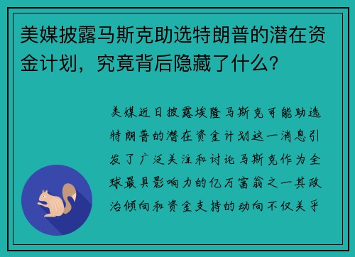 美媒披露马斯克助选特朗普的潜在资金计划，究竟背后隐藏了什么？