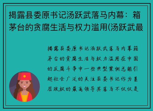 揭露县委原书记汤跃武落马内幕：箱茅台的贪腐生活与权力滥用(汤跃武最新任职)