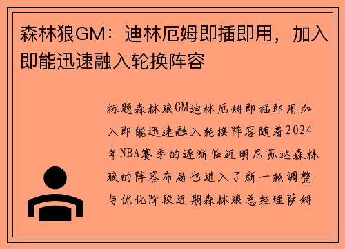 森林狼GM：迪林厄姆即插即用，加入即能迅速融入轮换阵容