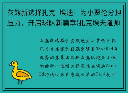 灰熊新选择扎克-埃迪：为小贾伦分担压力，开启球队新篇章(扎克埃夫隆帅)