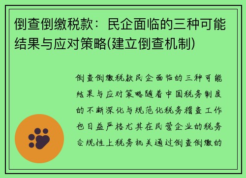 倒查倒缴税款：民企面临的三种可能结果与应对策略(建立倒查机制)