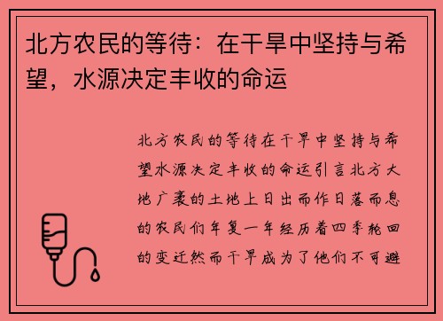 北方农民的等待：在干旱中坚持与希望，水源决定丰收的命运