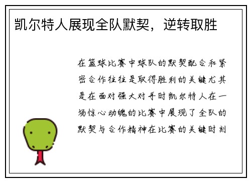 凯尔特人展现全队默契，逆转取胜