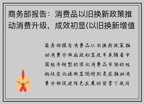 商务部报告：消费品以旧换新政策推动消费升级，成效初显(以旧换新增值税和消费税的处理)