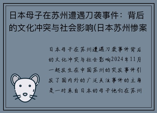 日本母子在苏州遭遇刀袭事件：背后的文化冲突与社会影响(日本苏州惨案)