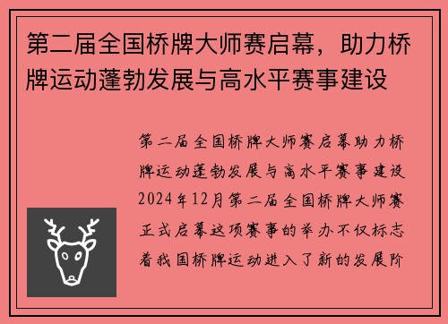 第二届全国桥牌大师赛启幕，助力桥牌运动蓬勃发展与高水平赛事建设