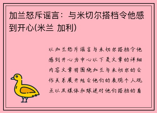 加兰怒斥谣言：与米切尔搭档令他感到开心(米兰 加利)