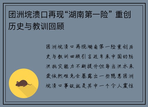 团洲垸溃口再现“湖南第一险” 重创历史与教训回顾